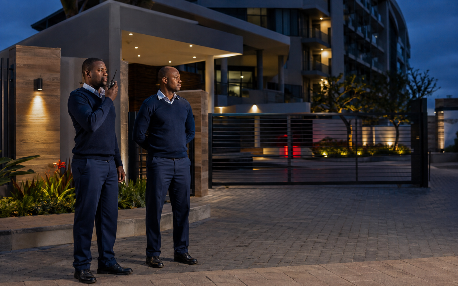 Security officers conducting an evening perimeter patrol