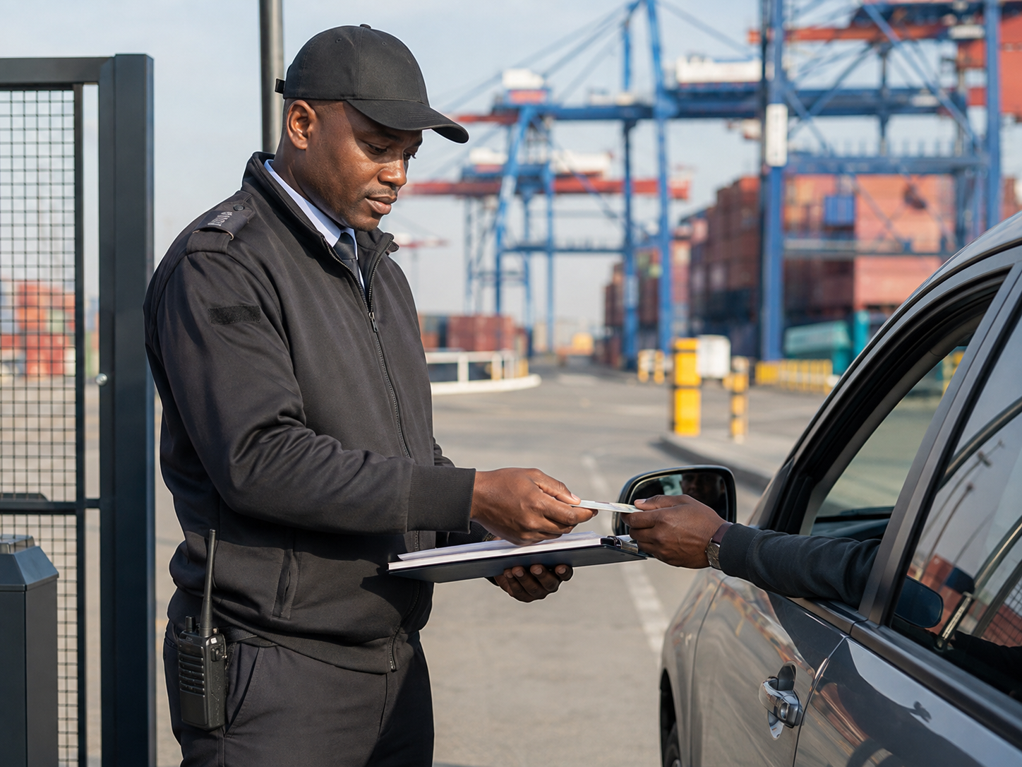 Security officer conducting access control at a port facility