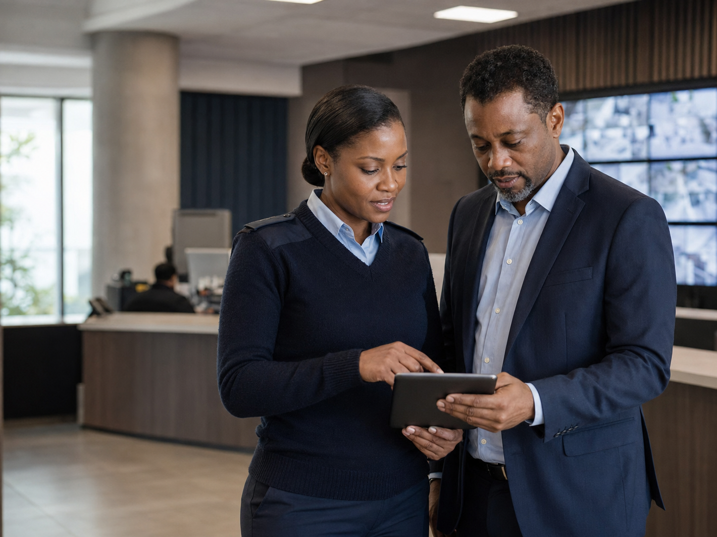 Security supervisor reviewing a risk assessment with a facility manager